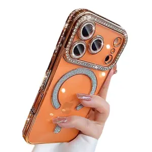 Magnetic Glitter Diamond for iPhone17 17Air 16 15 14 13 12 11Pro Max 16e SE4 Case Shiny Rhinestone Camera Lens Protector Bling Clear Slim Case