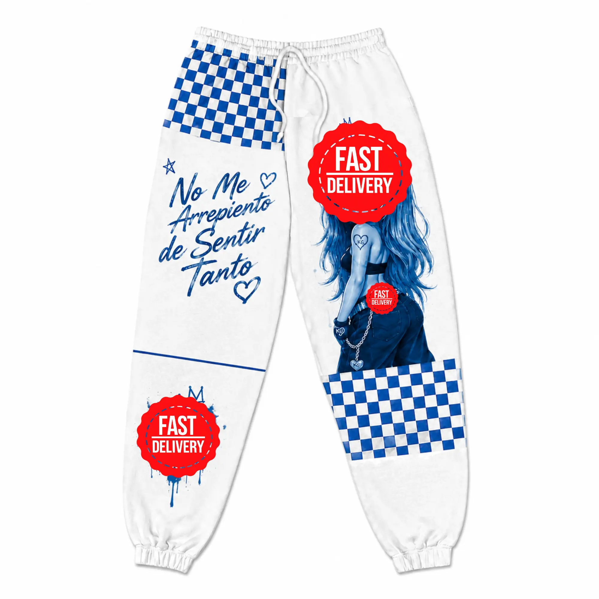 Pink & Blue Checkerboard Graphic Sweatpants, Cute Doll Inspired Jogger Pants, Y2K Aesthetic Streetwear, Alternative Graphic Lounge Pants, Gift for Her