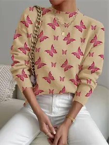 Women's Butterfly Print Stand Collar Fitted Sweater, Casual Long Sleeve Knitwear for Fall Winter, Comfortable Warm Daily Wear