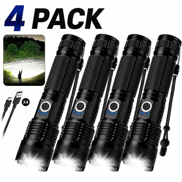 2/4 Pack Rechargeable Flashlights High Lumens - 5,000 LM Super Bright Adjustable LED Flashlight, Waterproof with 5 Modes - Ideal for Camping, Hiking & Outdoor Adventures