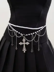 Cross Design Faux Pearl Decorated Tassel Waist Chain Pendants,  Fashionable Hollow out Body Jewelry for Women & Girls, for Party, Daily Clothing Decor, Trendy All-match & Exquisite Jewelry for Birthday Gift, Waist Beads