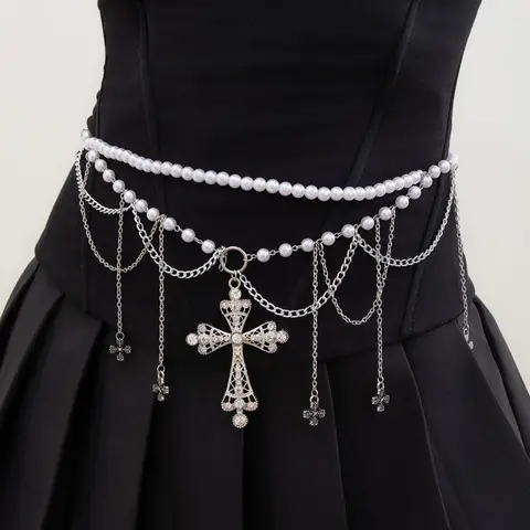 Cross Design Faux Pearl Decorated Tassel Waist Chain Pendants, Bling Chain, Hollow out Body Jewelry, Chic Body Jewelry, Fashion Body Jewelry, for Women & Girls, Party, Daily Clothing Decor, Birthday Gift, Waist Beads, Body Chains