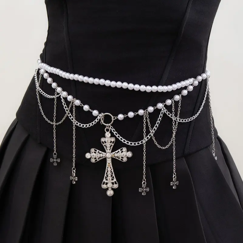 Cross Design Faux Pearl Decorated Tassel Waist Chain Pendants, Bling Chain, Hollow out Body Jewelry, Chic Body Jewelry, Fashion Body Jewelry, for Women & Girls, Party, Daily Clothing Decor, Birthday Gift, Waist Beads, Body Chains