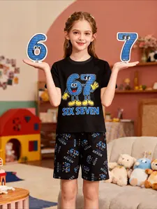 #67 Kids Cute Short Sleeve Shorts, Cartoon Print Pajama Set for Kids,  Funny Six Seven Cartoon Comfortable Soft Youth Sleepwear, Spring Reading Festival, Unisex Boys & Girls Clothing