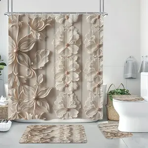Floral Pattern Bathroom Decor Set, 1 Count Shower Curtain with Hooks/4 Counts Bathroom Decor Set, Bathroom Accessories for Home Decor, Shower Curtain Sets, Bathroom Decoration Accessories, Bathroom Shower Equipment
