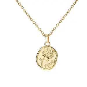 GTHIC Rose Flower Engraving Tag Pendant Necklace for Women Daily Wear Fashion Accessories Mother's Day Gift