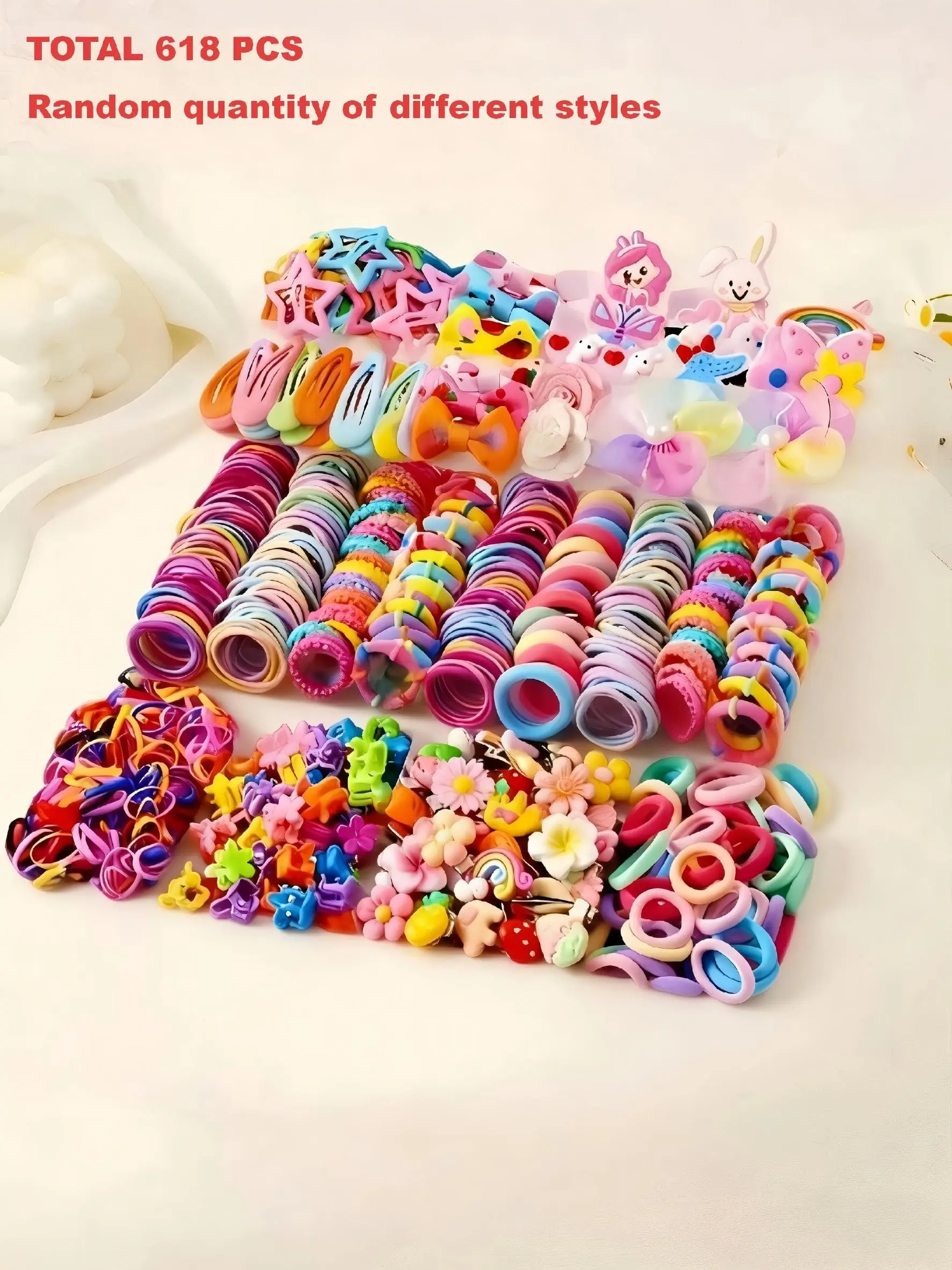 618PCS (NO BOX/Organizer) Women's/Girl's Dopamine Hair Accessories Set With Bow Hairpin, Cartoon Hairpin, Star Drop Hairpin, Flower Hairpin, Simple Hair Ring, Elastics, Hair Clips. Suit for all seasons, ideal gift item, choice for fashion lovers