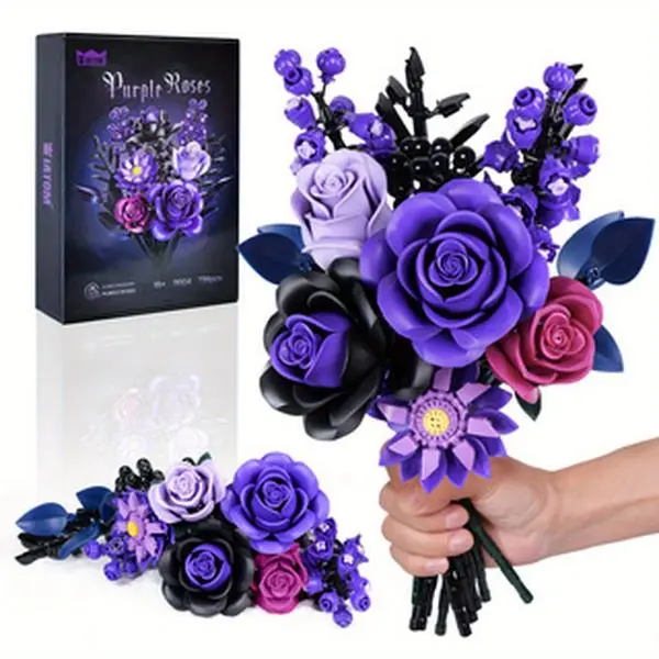 Purple Rose Bouquet Building Set, Artificial Floral Building Toys for Gothic Home Decor, Ideal Gift for Halloween & Christmas, Compatible with Lego Flower Set for Adults, Women, and Teen Girls
