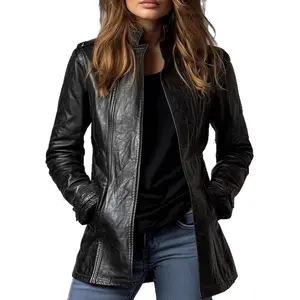 Women's Leather Jacket Stand Collar Long Sleeve Vintage Trendy Gothic PU Leather Jacket Coat