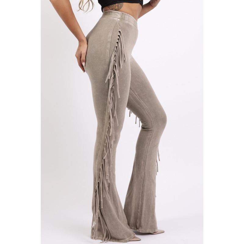 Fringe-Detailed Mineral Washed Pants for Women - Comfortable Cotton and Elastic Design with Flared Side Detail
