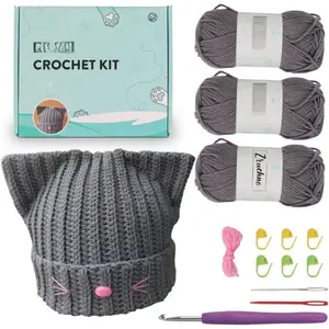 Hat Beanie Crochet Kit, Crochet Kit for Beginners, Step-by-Step Video Tutorials and Detailed Instruction, Complete DIY Learn to Crochet, Crochet Starter Kit with Yarn Hook  Accessories,  Ear Hat