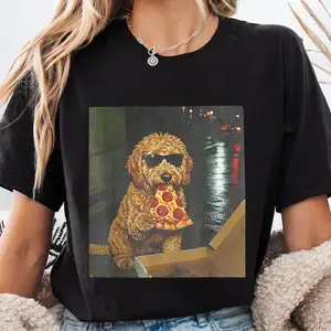 Funny Golden Retriever and Poodle Emoji T-shirt featuring dogs eating pizza; dog breed emoji T-shirts.