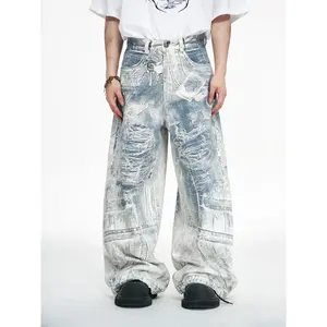 Vintage 3D Printed Jeans Personalized Original Designer Baggy Wide Leg Denim Pants Street High End American Male