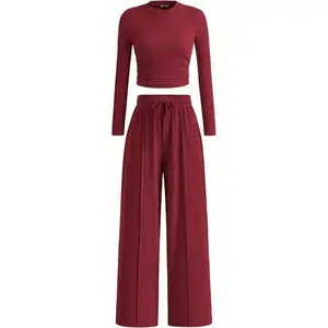 2-Piece Ribbed Knit Long Sleeve Crop Top Wide Leg Pants Matching Lounge Set Loungewear Casual Fabric