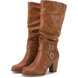 Coutgo Womens Mid Knee High Boots Chunky Heel Slouchy Metal Buckle Side Zipper Fashion Winter Shoes