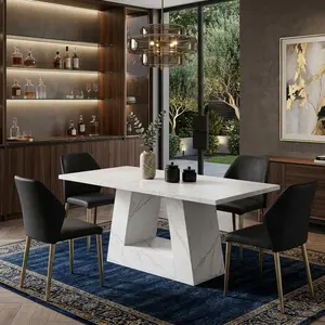 63 Inch White Faux Marble Dining Table, Modern Rectangular MDF Table Holds 300lbs, Waterproof Scratch-Resistant Multi-Functional Desk for 4-6 Persons, Ideal for Kitchen Dining Room Living Room Home