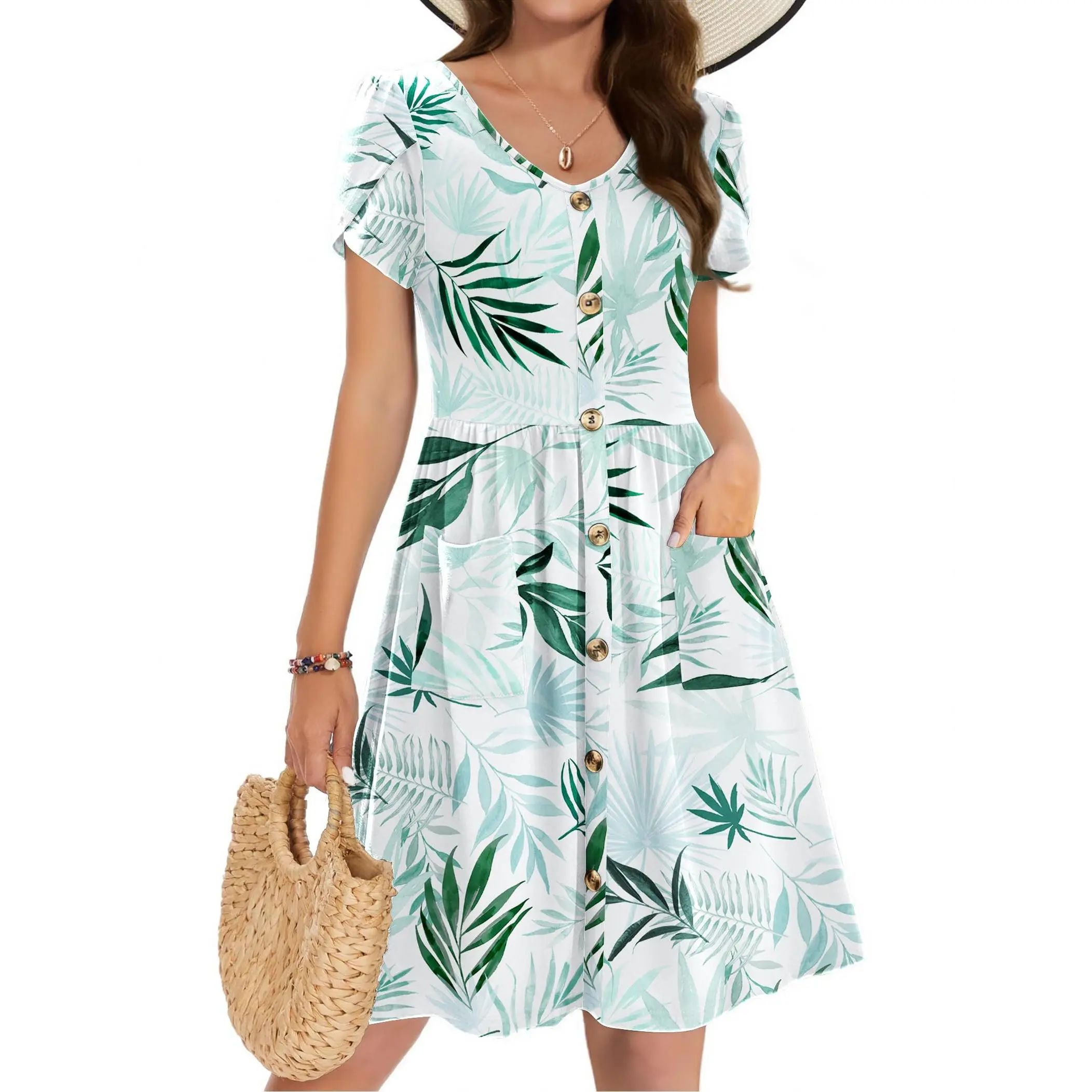 Zeagoo Women's 2026 Retro A-Line Summer Mini Dress - Petal Short Sleeves, Pleated Buttoned V-Neck, Floral Print Fabric, Pocket, Casual Sundress for School, Party Wear, Hand Wash Only, Do Not Bleach