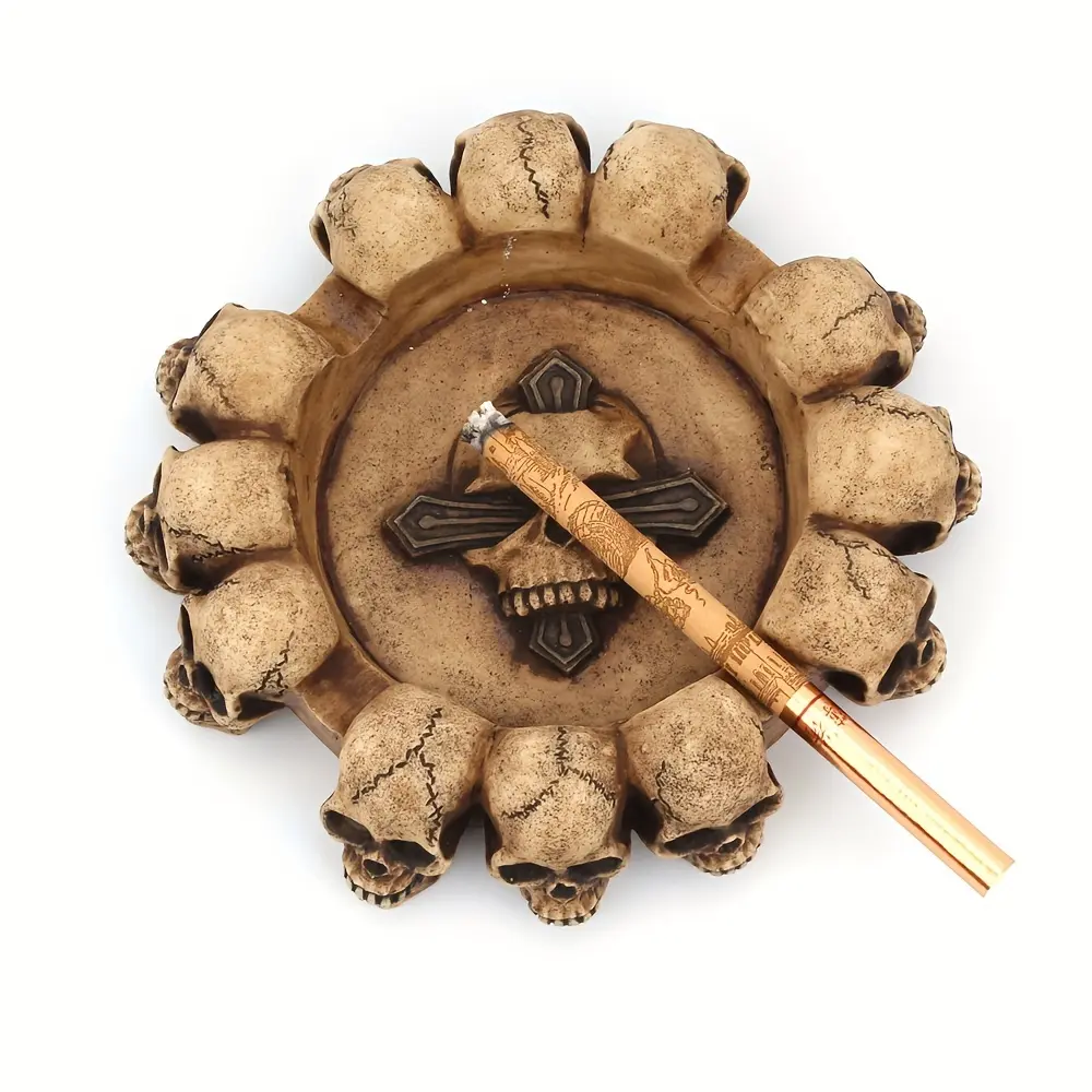 Skull-Shaped Resin Ashtray - Round, Cross-Accented Decorative Themed Home Decor Statue Figurine, Creative Halloween Gift for Home Use
