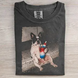 4th Of July French Bulldog Drinking T-Shirt, Funny Patriotic Dog Graphic Tee, American Flag Frenchie Shirt, Independence Day Party Tee, Gift for Dog Lovers