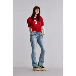 rr Women's Sheryn Boot Cut Jeans - Relaxed Bootcut Custom Embellished Denim Bottoms with Pockets, Light Embroidery, Leather Accents for LA Casual Wear, Pocket
