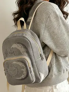 1 piece of sun and moon pattern 2D printed ladies' backpack, corduroy texture + layered storage + light weight reduction | perfect for students going to class/shopping/short trips | combines atmosphere with practicality
