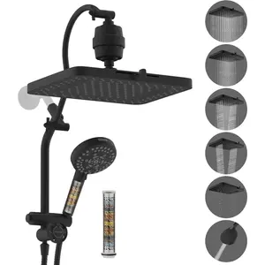 5- Dual Filtered Rainfall Shower  Combo, High  13'' Showerhead with 10  Mode Handheld, Easy Reach 4-way Diverter Shower Arm with Pause Mode, 71'' Hose and Holder, Black