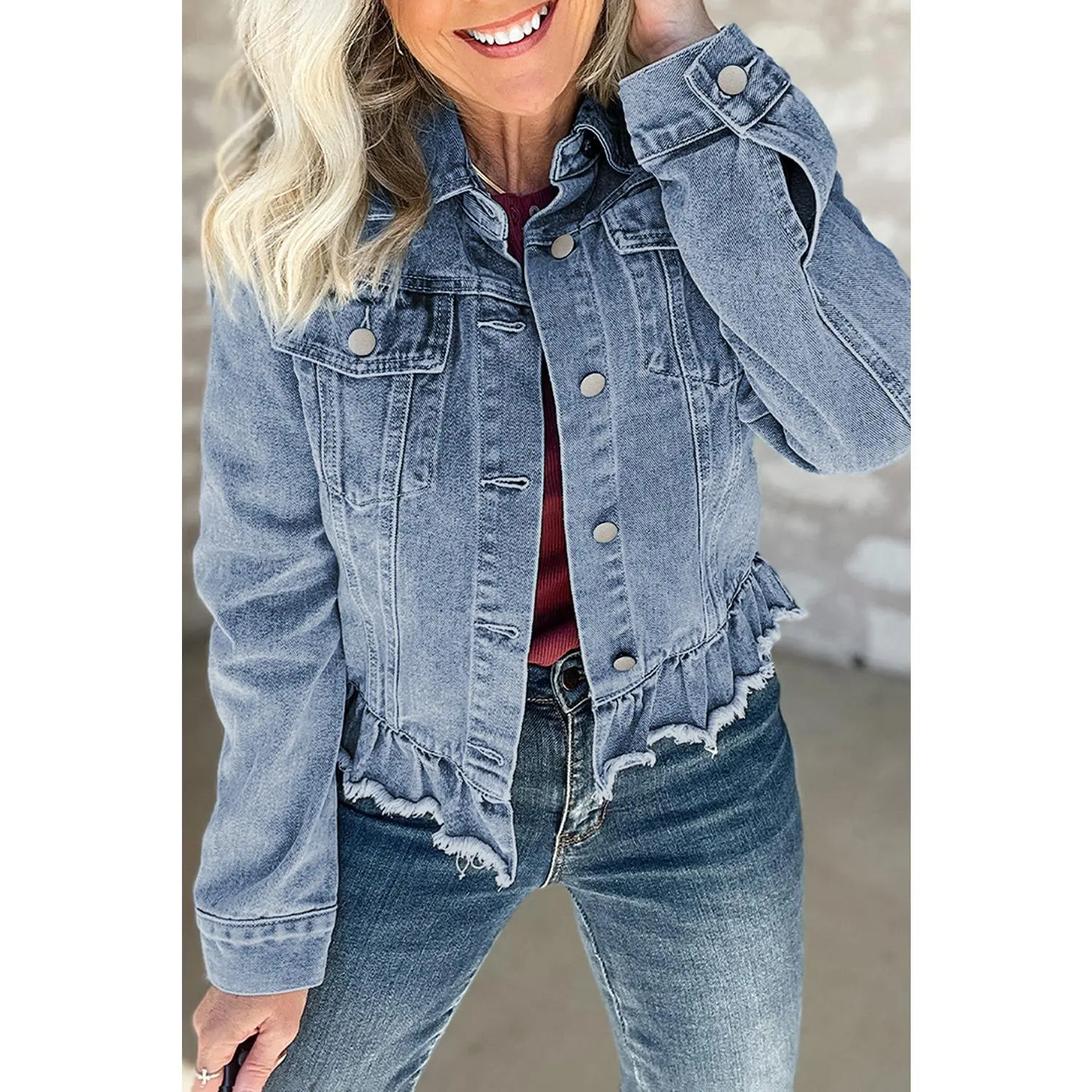 Women's Beau Blue Ruffle, Raw Hem, Flap Pockets Denim Jacket - Women's Tops