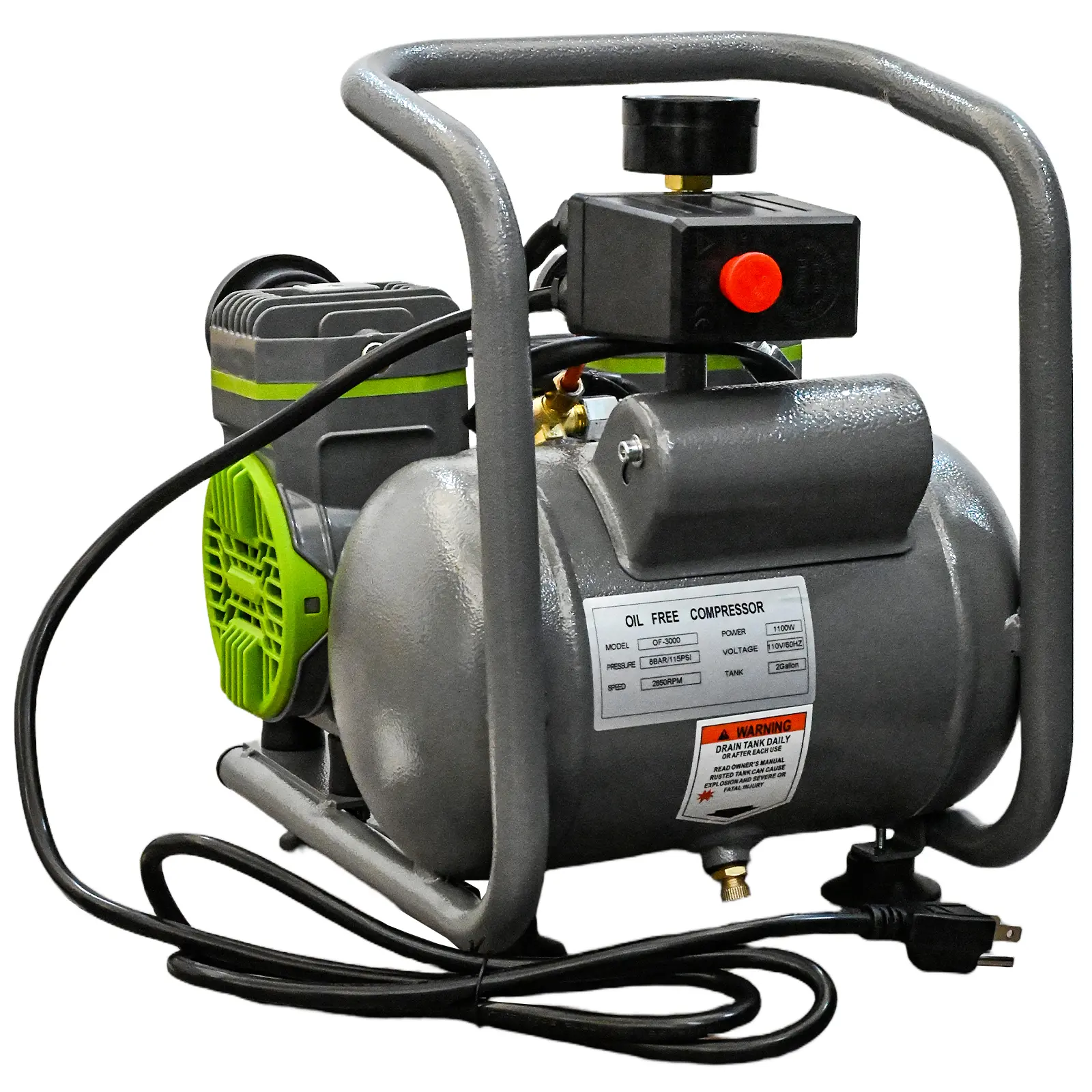 1.5HP Oil Free Air Compressor, Quiet Low Noise Portable Air Compressor with Tank, 110V High Pressure Pneumatic Pump for Garage, Workshop, Woodworking, Tire Inflation