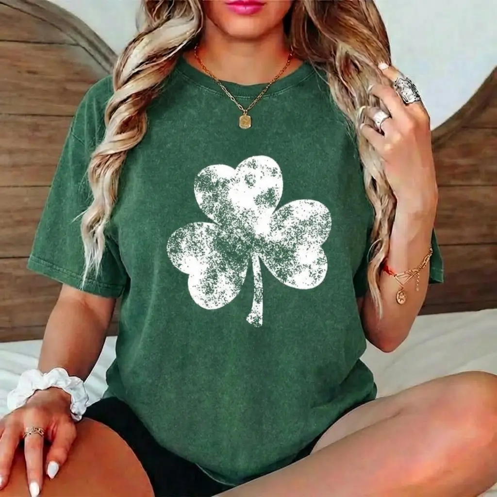 Women's St. Patrick's Day Printed Short-Sleeve T-Shirt - Vintage Mineral Wash Green, Lucky Shamrock Graphic, Comfortable Cotton Fabric, Everyday Retro Oversized Streetwear Irish Heritage Outfit