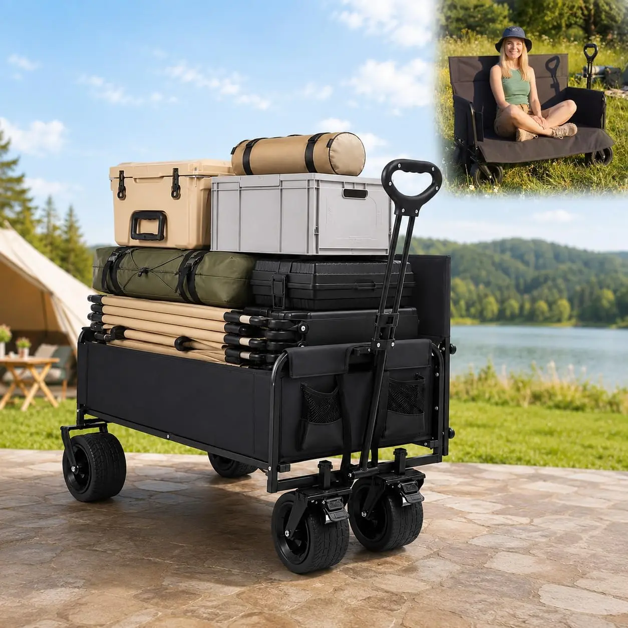 LAUSAINT HOME 3-in-1 Foldable Utility Wagon Cart with Seat Convert Function, Heavy-Duty Collapsible Trolley, 400lb Capacity, Adjustable Handle, Brakes & Cup Holders for Camping, Garden