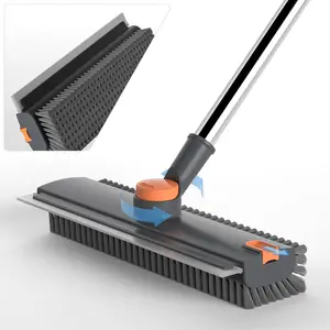 3-in-1 Scrub Brush with Long Handle, Floor Scrubber, Scraper and Broom for Cleaning, Ideal for Concrete, Tiles, Walls, Deck and Patio (Gray)