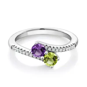 Gem Stone King Two-Stone Bypass Ring for Women in 925 Sterling Silver | 4MM Round Gemstone Birthstone and Purple Amethyst | Crossover Anniversary Engagement Wedding Promise Ring | Sizes 5, 6, 7, 8, 9