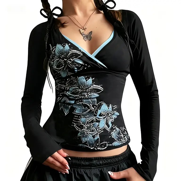 EMMIOL Y2K Fairy Grunge Short Sleeve Shirts for Women | Vintage Floral Graphic V Neck Cute Going Out Tops Emo Summer Tee