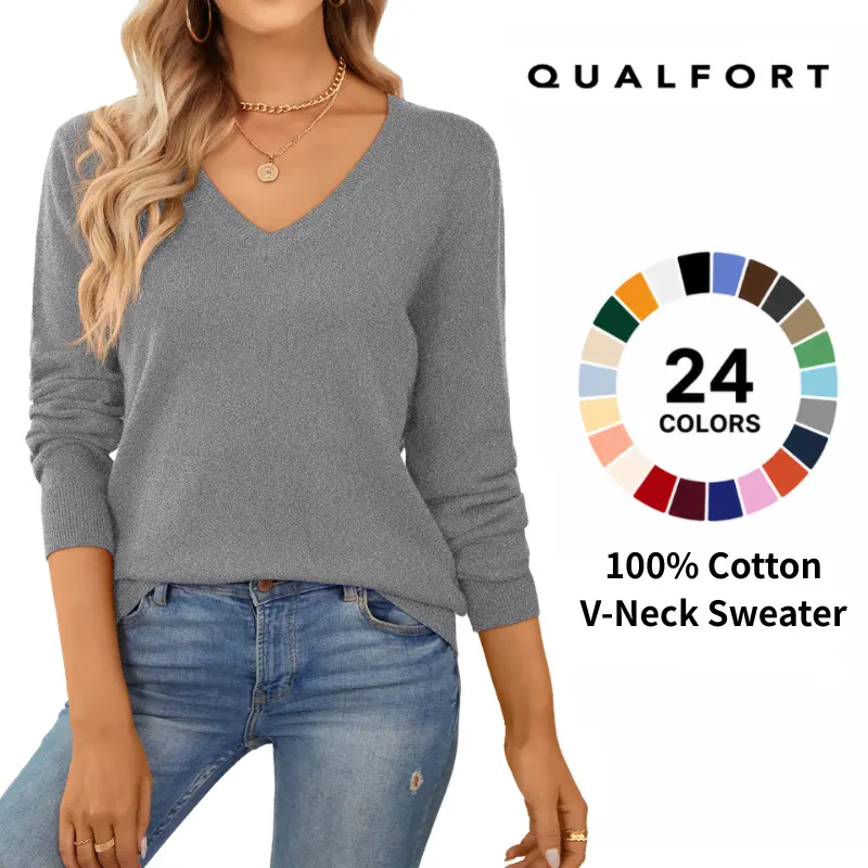 QUALFORT Women's 100% Cotton V Neck Pullover Sweater, Lightweight Long Sleeve Knitwear Top, Casual Fall 2026 Fashion, Soft Solid Basic Sweater for Work, Travel, Back to School, Thanksgiving Outfits, Everyday Layering Womenswear