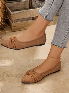 Breathable Flashy Knit Pointed Toe Flat Shoes, Butterfly Knot Pleated Design, Comfortable All-Season Women's Casual Shoes