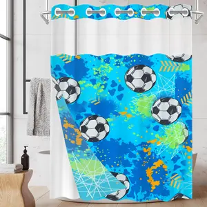 1 Pack No Hook Double Layer Shower Curtain, Soccer Ball Print Bath Curtain, Waterproof, Mildew Resistant, Durable Fabric, Sports Home Decor, Removable Liner, Top See-Through Window, Partition Curtain 71"×74"