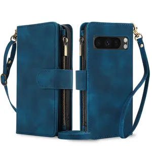 Solid Color Zipper Pocket Wallet Case with Card Holder Slot, Magnetic Closure Lanyard Flip Cover, Leather Phone Cover for Google Pixel 9 Pro, Phone Accessories, Casing