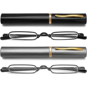 2PairsMiniReadingGlassesCompactSpringHingedSlimPocketReaderswithPenClipforEasyCarry+1.5,2Pack(black/Grey)