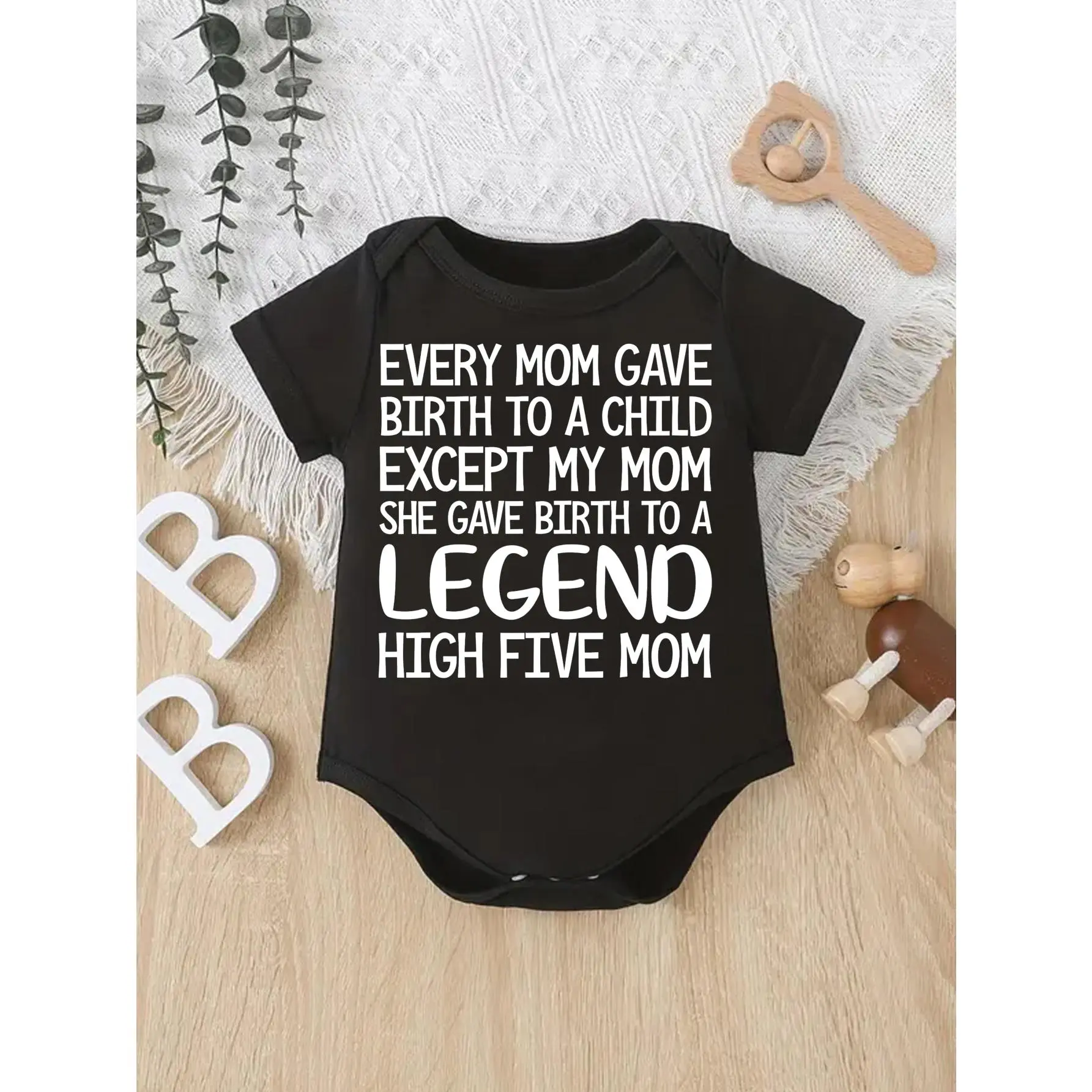 Cute Baby Bodysuit With Every Mom Gave Birth To A Child Except My Mom She Gave Birth To A Legend High Five Mom Print Soft Versatile Round Neck Button Detail Regular Fit All Seasons Knitted Fabric Onesie For 0-12 Months