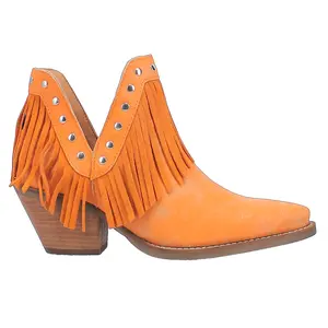 Dingo Womens Fine N' Dandy Fringe Studded Snip Toe Pull On  Casual Boots Ankle Mid Heel 2-3" - Orange