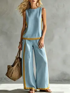 Women's Summer New Sleeveless Contrast Tank Top and Wide Leg Pants Two-Piece Set, Fashion Commuter, Stylish Casual Wear