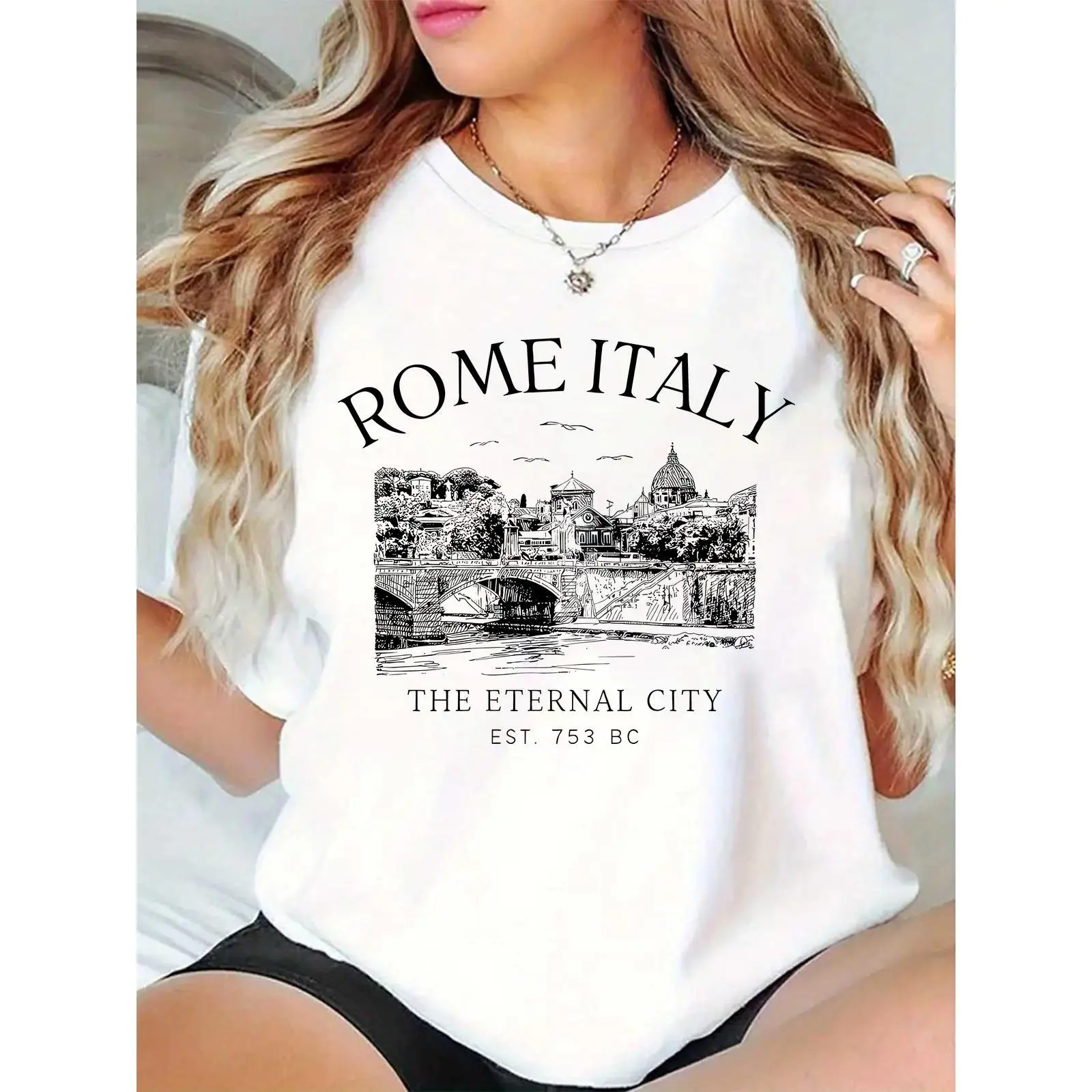 Women's 100% Cotton Round Neck Rome Italy Graphic T-Shirt - 753 BC Eternal City Cityscape Print, Lightweight Breathable Casual Tee for Travel, Stylable Women's Top with Skirts, Tshirt, Crew Neck, City Print, Comfortable, Fit, Relaxed Fit, Short Sleeves