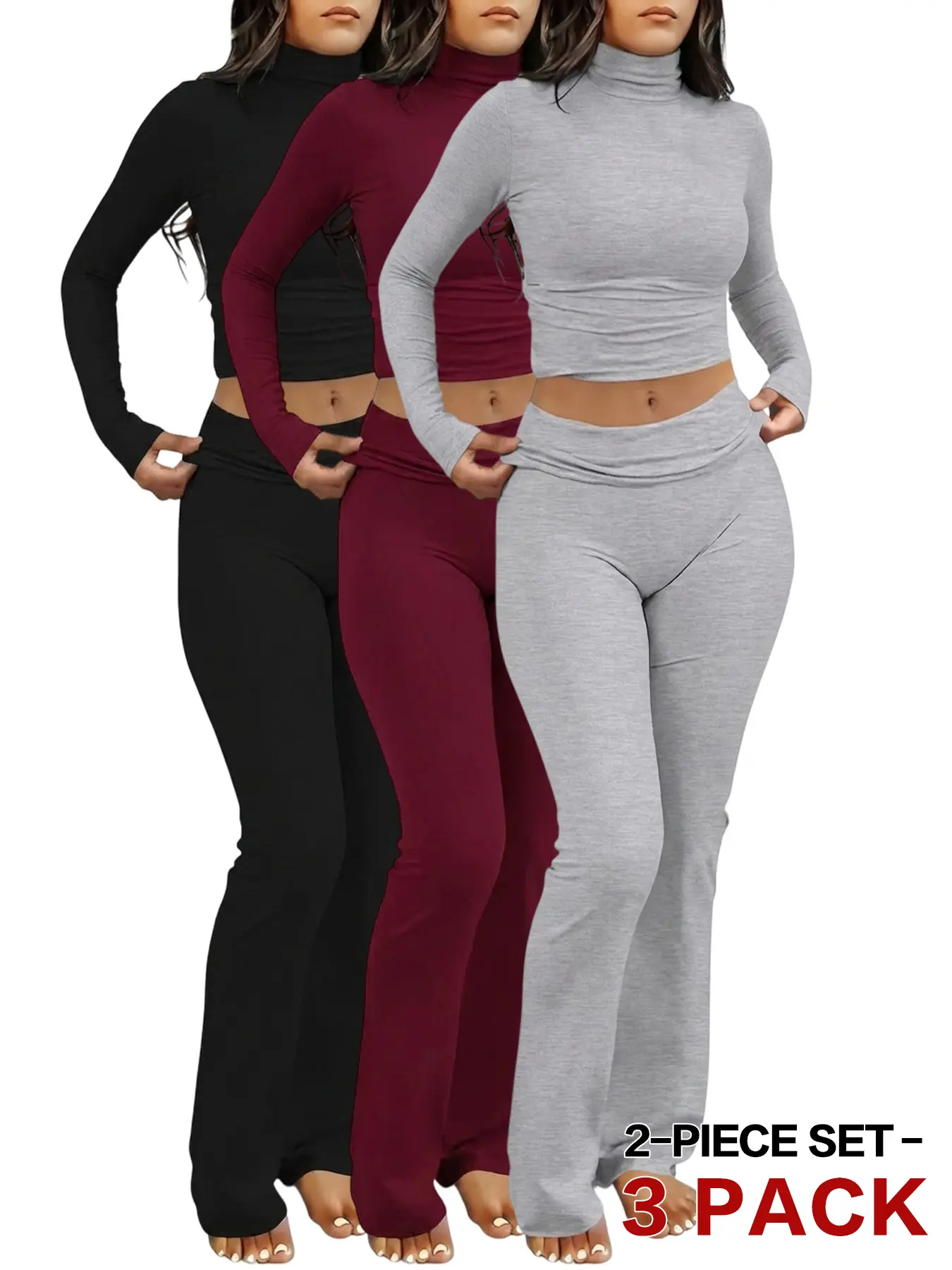 American Clean Girl high-neck long-sleeve slim-fit top with a waist-baring design paired with slightly flared pants featuring a foldover waistband—women’s autumn/winter casual two-piece set (3-piece set).
