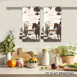 2Pcs Cowboy Riding Horse in Desert Dishcloth, Western Landscape & Cactus Cleaning Cloth, Rustic Style Reusable Kitchen Towel