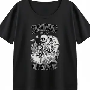 Graphic Tee Women Gothic Punk Skull Surviving Purely Out Of Spite Coffin Rose Design Edgy Dark Humor Oversized Alternative Comfy Casual Top