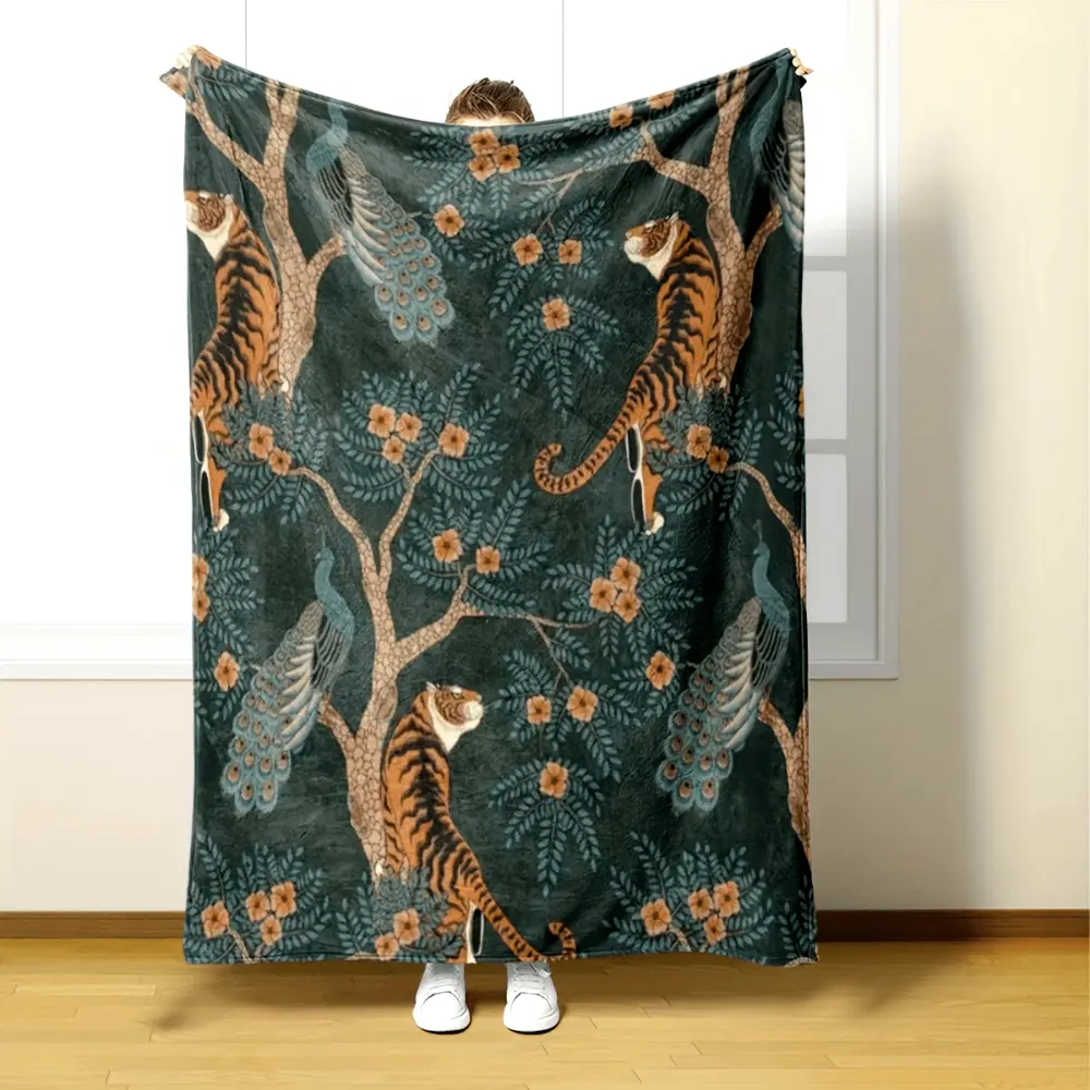 Vintage Tiger Peacock Blanket, Exotic Animal Jungle Throw Blanket, Dark Green Botanical Blanket, Wildlife Lover Gift, Nature Inspired Blanket, Cottagecore Home Decor, Cozy Soft Throw Blanket for Couch Bed Bedroom, Unique Housewarming Gift