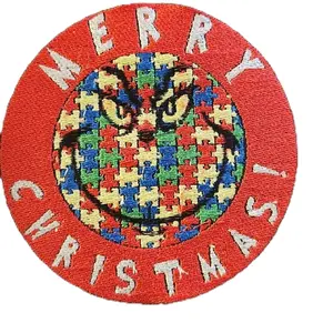 Merry Christmas Patch - Red Circle with Colorful Puzzle Design for Festive Decoration