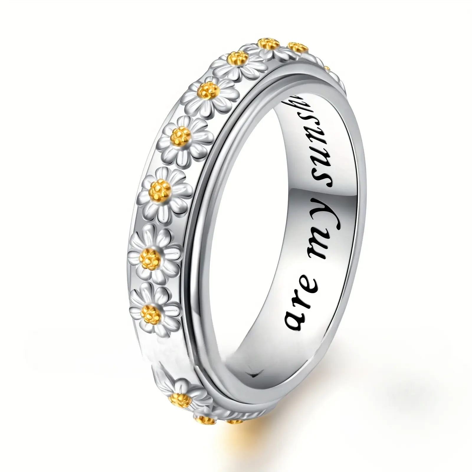 [ Silver Fidget Ring] Sterling Silver Anxiety Relieve Spinner Rings - You Are My Sunshine Flower Fidget Ring for Women - ADHD Stress Relieving