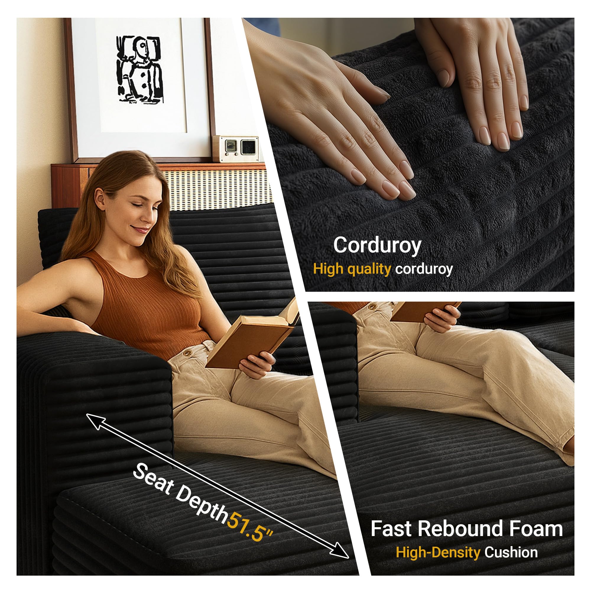 106.3" L-Shaped Modular Corduroy Sectional Sofa, 1400 LBS, No Assembly, Cooling Gel Foam Pet Friendly Cloud Couch for Living Room