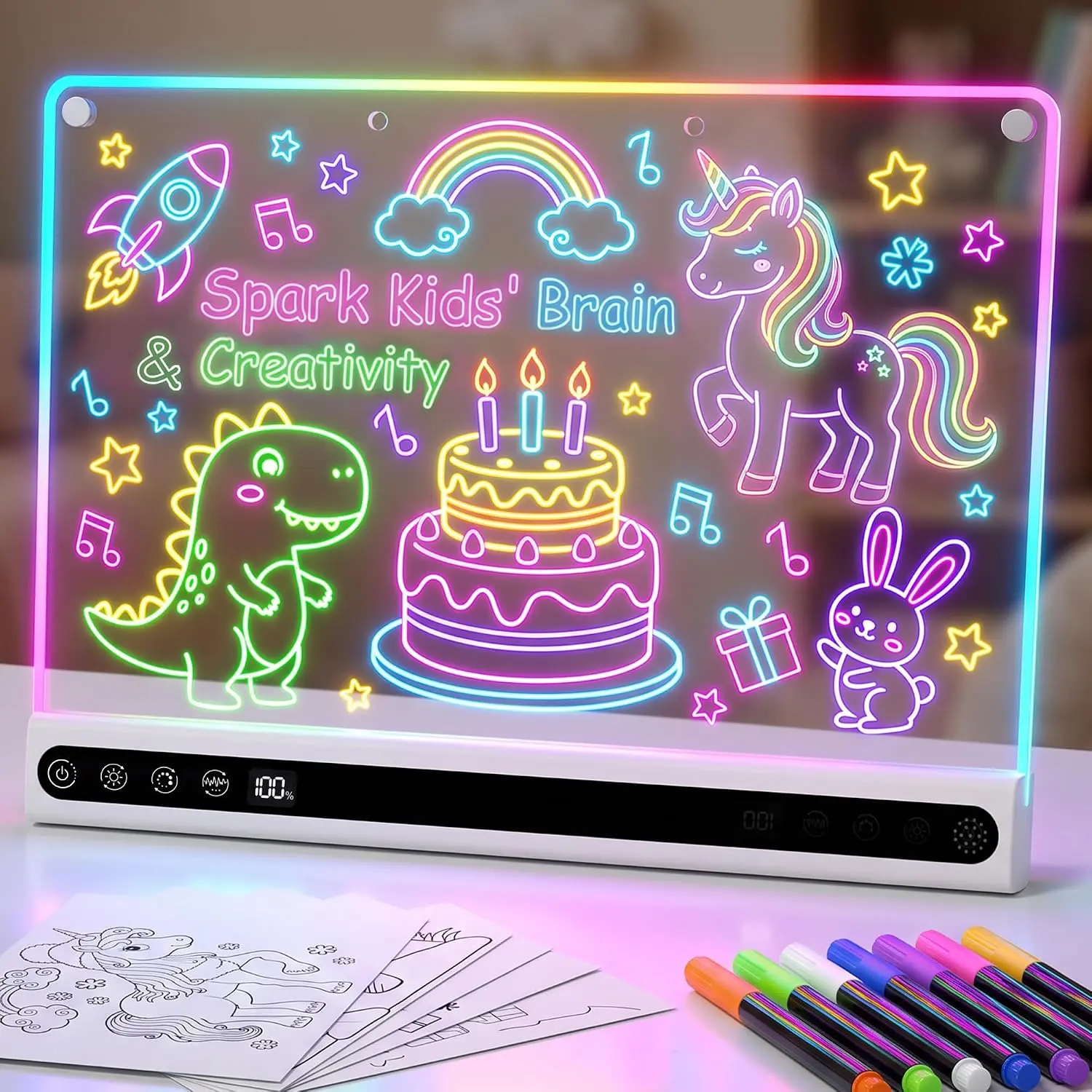 16" Rechargeable Acrylic LED Drawing Board for Kids with Built-in Songs, Light Up Doodle Pad with 14 Light Effects, 7 Markers, 6 Tracing Sheets, 10H Battery Life, Cool Gifts for Boys/Girls,3-12 Christmas Gifts,3-12 Birthday Gifts